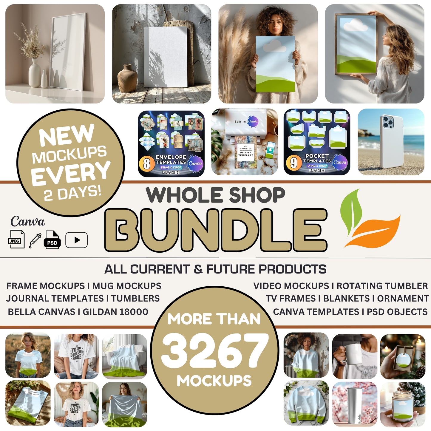 Whole Shop Mockup Bundle Full | Access Digital Product Mockups | Wallart - Mugs - Shirt - Sweatshirt - Tumbler - Video