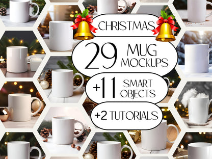 Christmas Mug Mockup Bundle + 11x PSD Mug Templates | Full Front Cover Christmas Cup Mock up Bundle + TUTORIALS