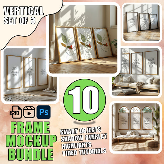 3 Frame Mockup Bundle | PSD WallArt Mockup Bundle | Set of 3 Wooden Frame Mock-up