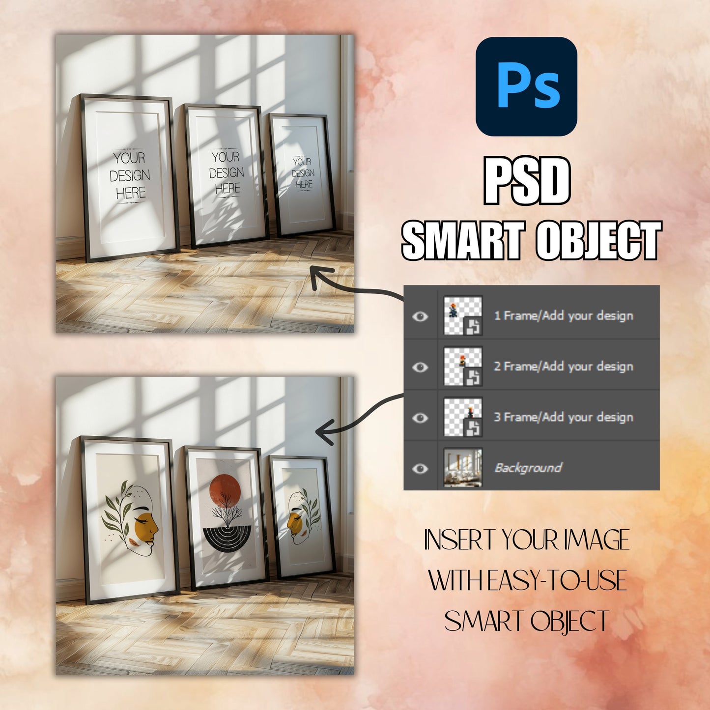 3 Frame Mockup Bundle | PSD WallArt Mockup Bundle | Set of 3 Wooden Frame Mock-up